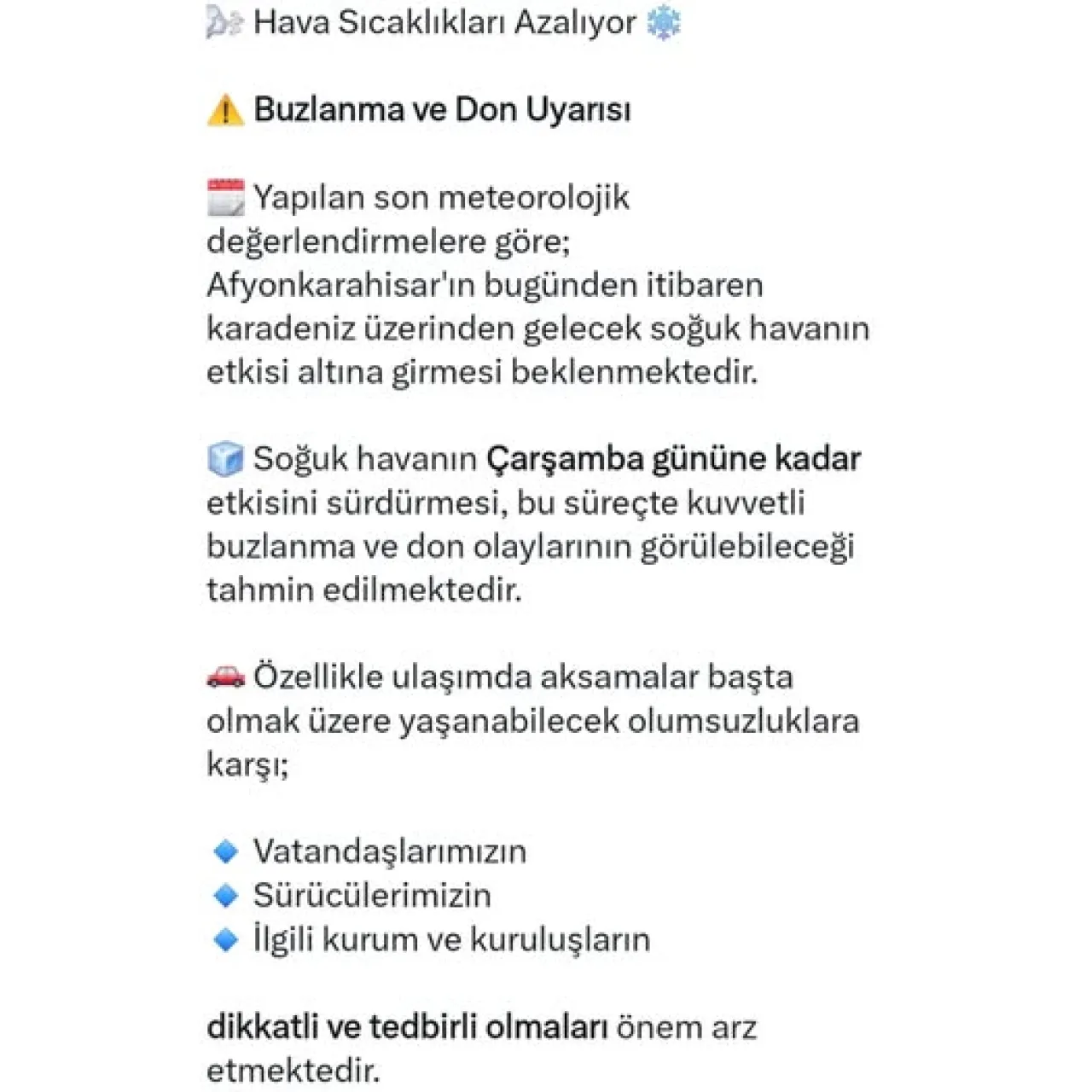 Afyonkarahisar'da Buzlanma ve Don Tehlikesi: Çarşamba'ya Kadar Etkili Olacak