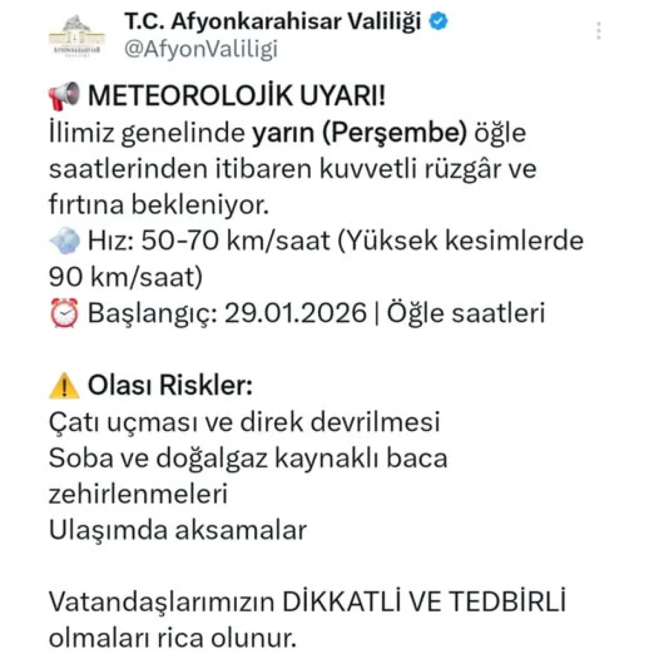 Afyonkarahisar'da Fırtına Uyarısı: Rüzgar Hızı 90 Km/Saate Ulaşacak