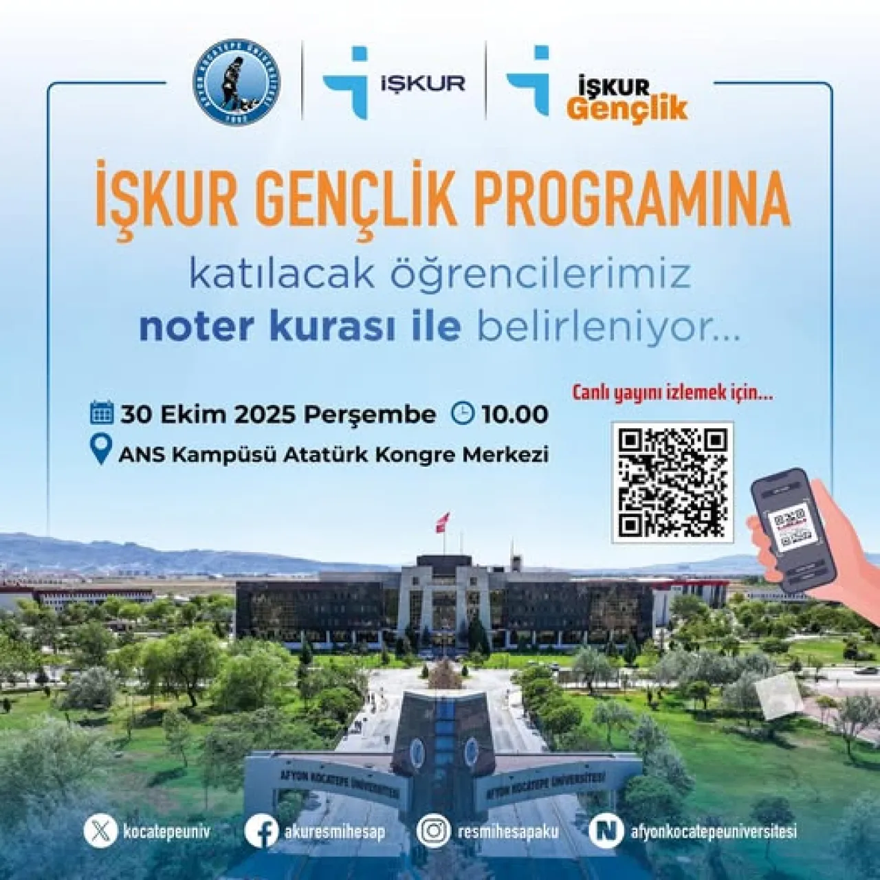 İŞKUR Gençlik Programı'na Katılacak Afyon Kocatepe Üniversitesi Öğrencileri Noter Huzurunda Kura ile Belirlenecek